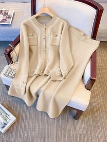 SHEIN Franclia 女士圆领单排扣开衫搭配针织裤，时尚休闲通勤套装，秋冬款 - 卡其色 - 查看 1