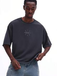 SUMWON Men Oversized Short Sleeve Crew Neck T-Shirt With Small Chest Graphic Print And Star Details For Casual Everyday Wear Plain - Grey - View 5