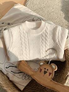 SHEIN 男女宝宝几何图案长袖针织衫，休闲可爱，适合男宝宝和女宝宝，秋冬季 - 杏色 - 查看 3