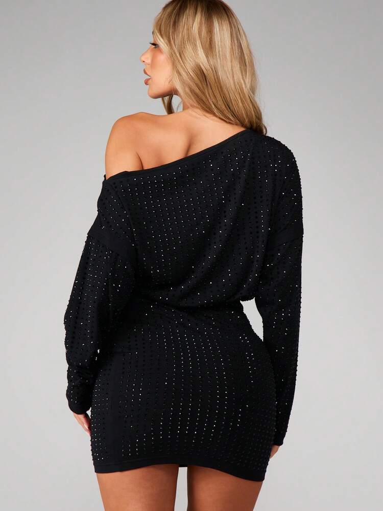 MISSGUIDED オフショルダー ラインストーン ミニドレス ロングスリーブ