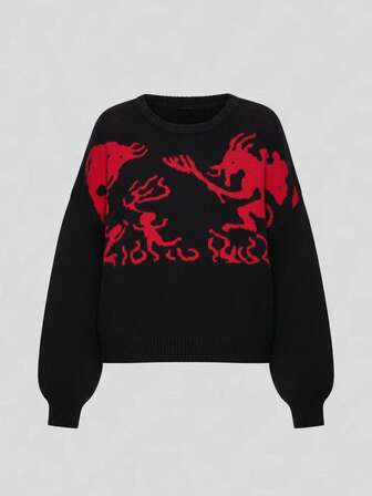 Goth Suéter holgado de punto con gráfico de demonio oscuro, talla grande, para otoño/invierno