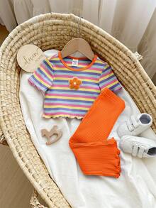 SHEIN Bộ đồ liền thân tay ngắn kẻ sọc nhiều màu sắc dễ thương cho bé gái mùa hè và quần cạp chun - trái cam - Xem 5