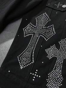 ROMWE MEN Men's Rhinestone Cross Pattern Long Sleeve Single-Breasted Denim Jacket - Black - View 6