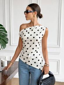 Serisse Camiseta asimétrica con estampado de lunares para mujer, de moda para el transporte en verano - Multicolor - Ver 5