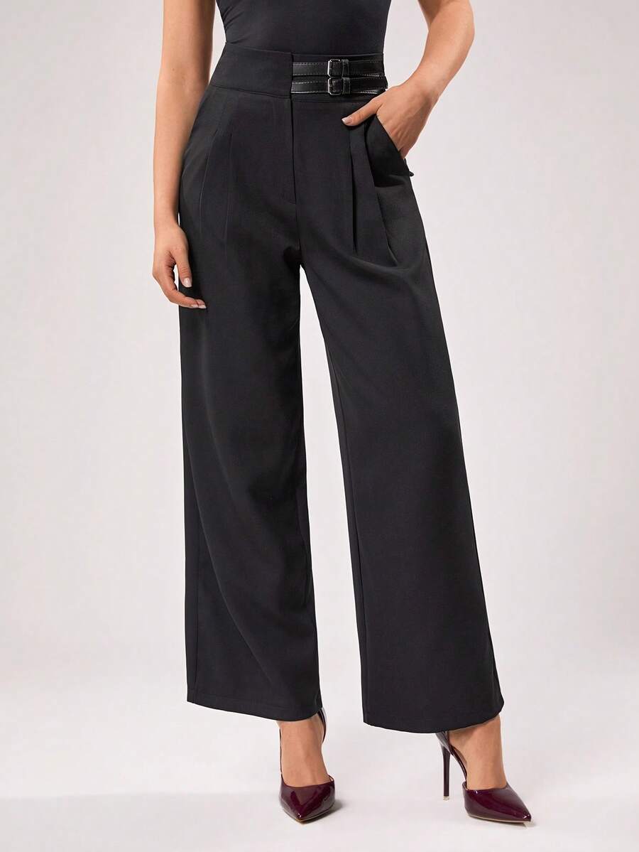 EURMUSE Fashionable Versatile Solid Color Wide Leg Pants - Black - View 1