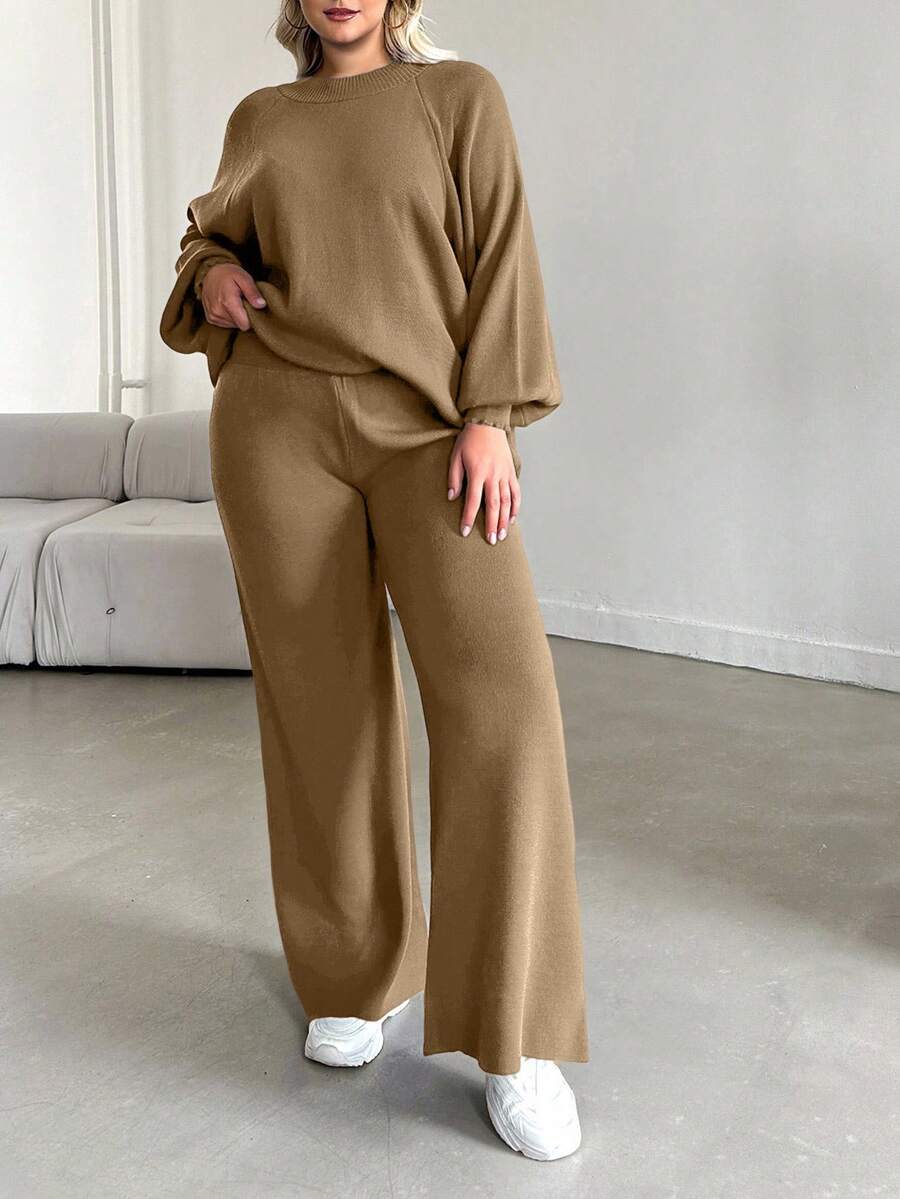 EURMUSE Conjunto de suéter de manga farol y pantalón de punto de talla grande para mujer en color liso - Camel - Ver 1