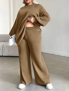 EURMUSE Conjunto de suéter de manga farol y pantalón de punto de talla grande para mujer en color liso - Camel - Ver 3
