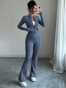 INAWLY Women's Tight-Fitting Zip-Up Cropped Top Jacket With Mandarin Collar And Flared Pants 2-Piece Set - Blue - View 6