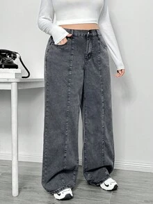 CurvyTilda 大码女式宽松高腰口袋阔腿男友牛仔裤 - 黑色 - 查看 3