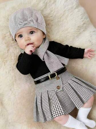 Souflis Souflis Conjunto de 4 piezas para bebé niña: falda de textura de tweed elegante, top de punto jacquard, bufanda y gorro, para otoño/invierno