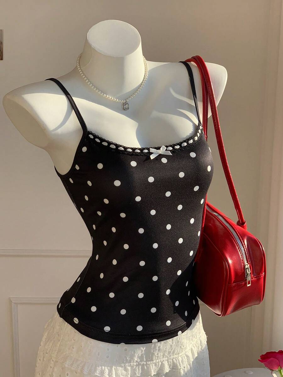 Comfortcana Women's Polka Dot Print Lace Trim Camisole Top, Summer, Black Polka Dot Top Spaghetti Strap Top Vintage Top Sleeveless Top Polka Dot Camisole - Black - View 1