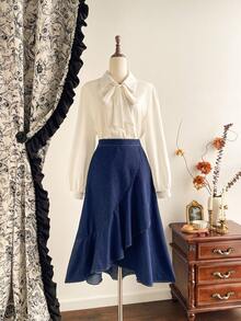 Vintamour Falda vaquera asimétrica con volantes en el bajo, para uso casual, laboral y de tránsito, sin cinturón incluido - Azul lavado oscuro - Ver 3