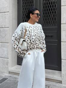 EURMUSE Moher Yarn Pullover Leopard Pattern Pullover Fall Winter - Brown - View 5