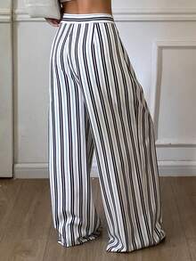 Livesso Women's Striped High Waist Wide Leg Loose Casual Pants, Winter - Black and White - View 2