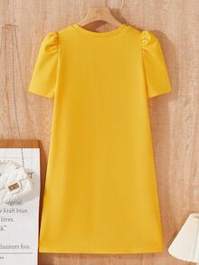 1pc Tween Girls' 3D Bow Decor Short Sleeve Pleated Dress, Loose Fit, Spring/Summer,Holiday,Summer,Travel - Yellow - View 2