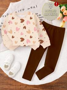 1 Set Young Girls Casual Fashionable Cute Sweet Heart Pattern Long Sleeve Sweatshirt And Leggings Set, Suitable For Outings, Holidays, Casual Wear, Valentine's Day Outfit - Multicolor - View 3