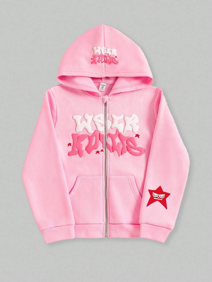 SHEIN ChillGRL Tween Girl Streetwear 连帽拉链运动衫，保暖内衬，适合秋冬季