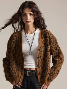 Easelle Cardigan à col en V et boutons femme, imprimé léopard, automne/hiver - Tabac - Voir 5