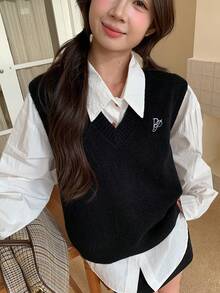 K-Vae Áo vest len nữ, màu đen, cổ chữ V, kiểu dáng preppy, thường ngày, dễ thương, áo len cho nữ. - màu đen - Xem 3