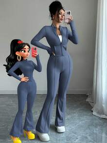 INAWLY Women's Tight-Fitting Zip-Up Cropped Top Jacket With Mandarin Collar And Flared Pants 2-Piece Set - Blue - View 3