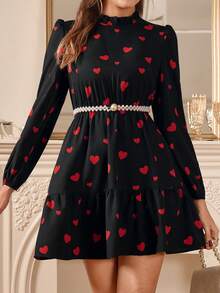 Amorya Vestido de mujer con estampado de corazón, cuello con volantes y mangas farol - Rojo y negro - Ver 5