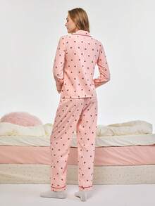 Bonmuse 樱桃印花睡衣套装，甜美可爱翻领纽扣长袖上衣和裤子，女士睡衣和家居服，秋冬秋季服装 - 粉色 - 查看 2