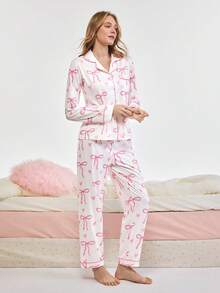 Bonmuse 2 件套秋冬蝴蝶结印花女士睡衣套装，舒适长袖翻领纽扣衬衫，带胸袋和宽松松紧腰裤，适合节日派对的睡衣，柔软面料，适合休闲户外和室内保暖，秋季服装 - 粉色 - 查看 5