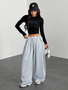 SHEIN PETITE 女士秋季街头服饰基本款日常外出机场休闲灰色低腰宽松香蕉裤