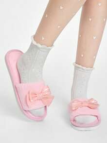 ROMWE Kawaii Pantufas femininas com laço aberto, calçados confortáveis para uso interno, leves, antiderrapantes, adequados para primavera, outono e todas as estações - Rosa - Ver 2