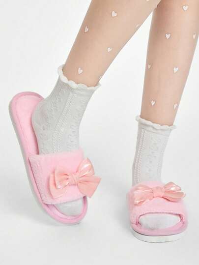 ROMWE Kawaii Women's Bowknot Open Toe Slippers, Comfortable Indoor House Shoes, Lightweight, Non-Slip, Suitable For Spring, Autumn, All Seasons