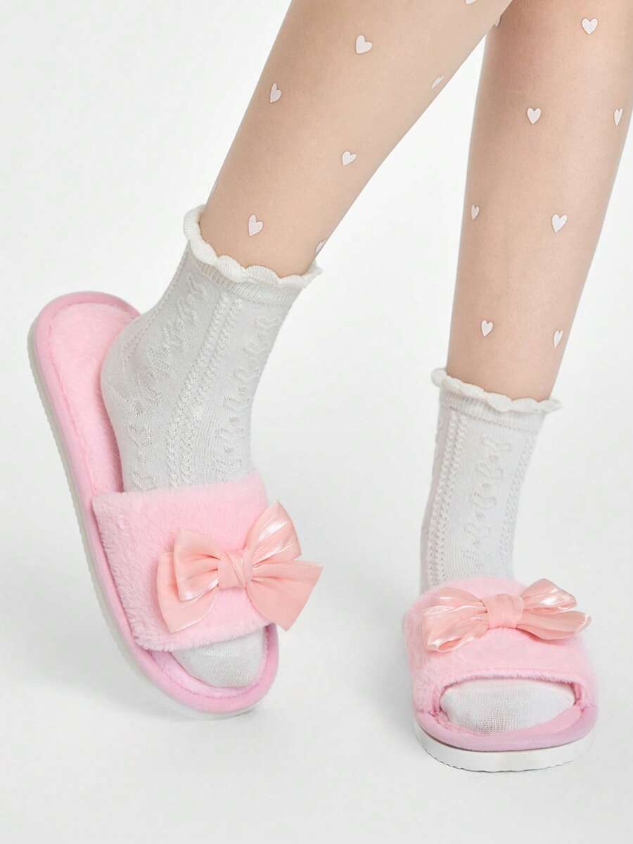 ROMWE Kawaii Pantufas femininas com laço aberto, calçados confortáveis para uso interno, leves, antiderrapantes, adequados para primavera, outono e todas as estações