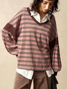 Bohemela Camiseta suelta de mujer de manga larga con cuello en V de parchwork de punto a rayas, ropa de invierno para mujer, blusa a rayas de hombros descubiertos de manga larga de mujer para otoño e invierno, ropa de mujer, parte superior a rayas de color albaricoque, ropa exterior, blusa de hombros descubiertos a rayas, blusa casual de mujer, camiseta de manga larga, blusa de Navidad, blusa de Año Nuevo, blusa marrón, blusa a rayas marrones, otoño, ropa de otoño para mujer - Multicolor - Ver 1