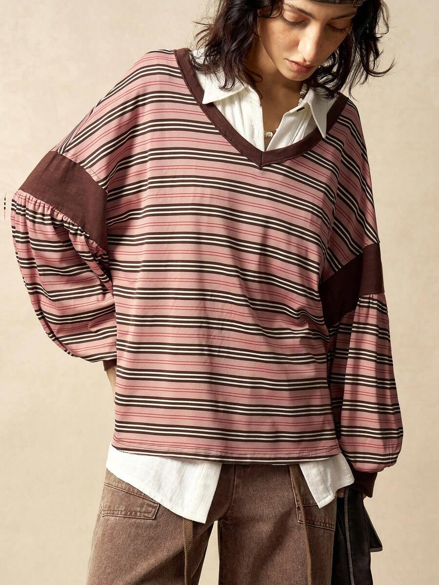 Bohemela Camiseta suelta de mujer de manga larga con cuello en V de parchwork de punto a rayas, ropa de invierno para mujer, blusa a rayas de hombros descubiertos de manga larga de mujer para otoño e invierno, ropa de mujer, parte superior a rayas de color albaricoque, ropa exterior, blusa de hombros descubiertos a rayas, blusa casual de mujer, camiseta de manga larga, blusa de Navidad, blusa de Año Nuevo, blusa marrón, blusa a rayas marrones, otoño, ropa de otoño para mujer - Multicolor - Ver 1