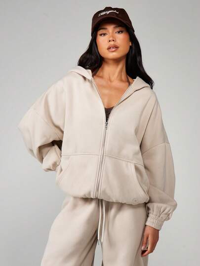 MISSGUIDED Oversized Full Zip Hoodie With Ribbed Cuffs Seam Detail Drawstring Hood Centre Pocket Long Sleeve Casual Sweatshirt Jacket Fall Winter Cozy Loungewear