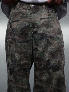 PLAYBOY X SUMWON Quần jean nam ống rộng, chất liệu denim sần, dáng suông thoải mái, dài đến mắt cá chân, kiểu dáng thường ngày, thích hợp mặc vào mùa đông và thu. - xanh quân đội - Xem 5
