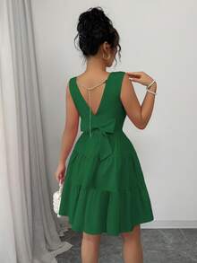Vestido corto para mujer con cuello redondo liso, sin mangas y diseño de lazo en la espalda - verde claro - Ver 2