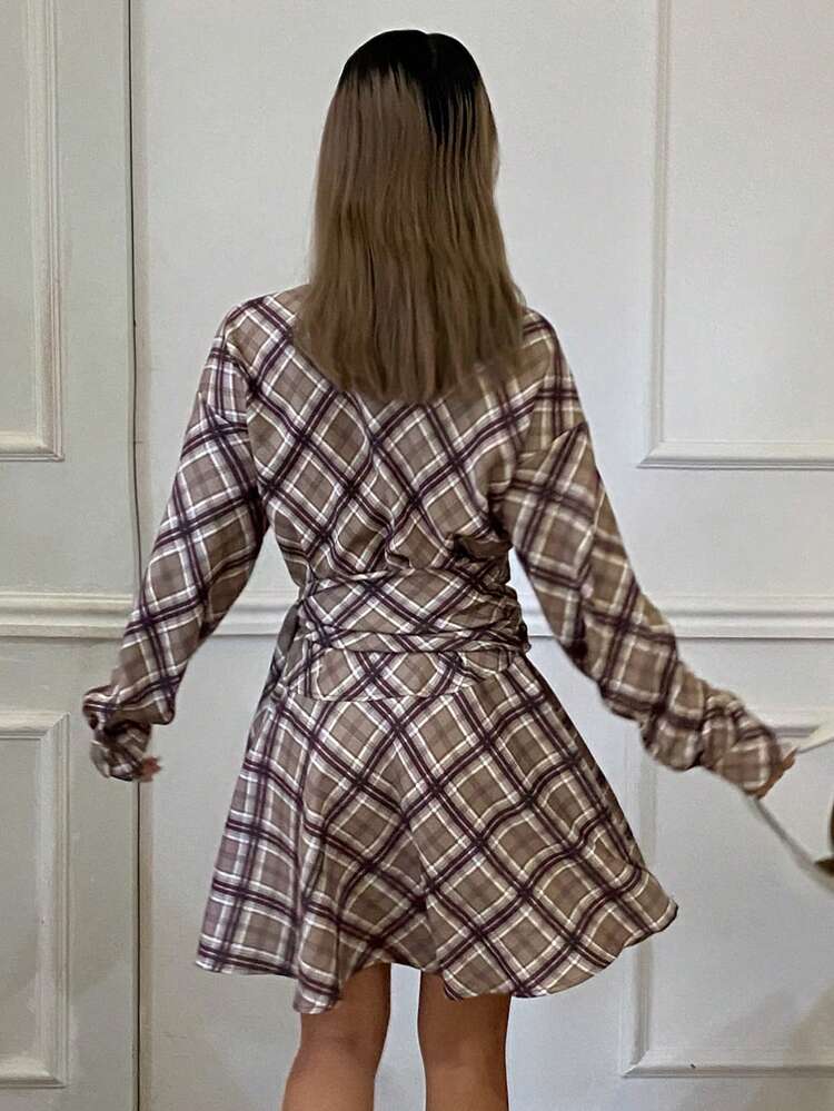Vintage Plaid Loose Waist Tie Long Sleeve Asymmetrical Hem Elegant Formal Autumn/Winter Women Short Dress