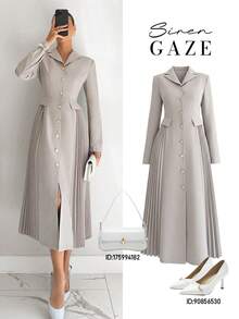 Siren Gaze Women's Solid Color Minimalist Long Sleeve Midi Dress, Casual Everyday Wear Office Dress For Women Dress Modest Long Sleeve Elegant Dress Corporate Dress Pleated Dresses For Women New Year Dress Elegant Dresses For Women Formal Dress Formal Dress For WomenOffice Attire Old Money Style Dress Hepburn-Style Pleated Suit Dress Winter Elegant Clothes For Women Dress Suits For Woman Winter Dress For Women Blazer Dress For Women - Nude - View 1