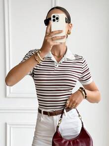 SHEIN Frenchy 条纹 Polo 领短袖 T 恤，休闲修身学院风女式上衣，女士休闲通勤条纹短袖 T 恤，夏季、春季女装，情人节、狂欢节、海滩、派对、婚礼、优雅、度假、休闲 - 棕色 - 查看 7