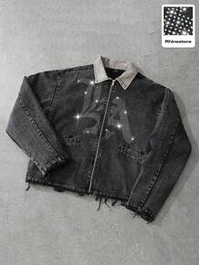 PAVTROS Áo khoác denim rách thời trang nam đính đá, họa tiết chữ, trang phục thường ngày khi đi làm - Nhiều màu - Xem 1