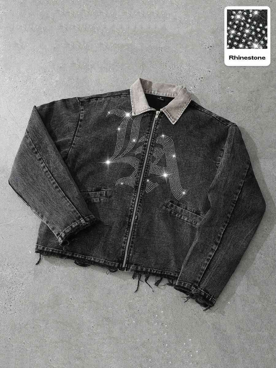 PAVTROS Áo khoác denim rách thời trang nam đính đá, họa tiết chữ, trang phục thường ngày khi đi làm - Nhiều màu - Xem 1