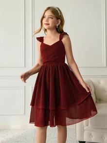 Tween Girls' Elegant, Classy, Burgundy Sleeveless V-Neck Ruffle Hem Dress With Metallic Threads, Waist Cinched Design, & Luxurious - Burgundy - View 6