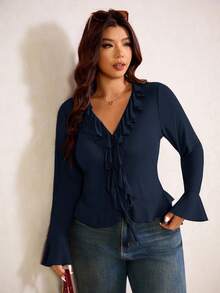 Elaquor Elegante Bluse mit Rüschen, weiten Ärmeln und Schleife vorne für Damen, Herbst - marineblau - Übersicht 6