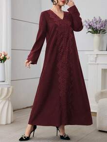 Al Najma Olive Green Lace Trim Casual Everyday Arabic Style Dress For Women - Burgundy - View 7