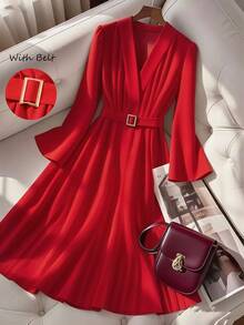 GlowEve CURVE Vestido Elegante Feminino com Cintura Marcada e Manga Flare, Adequado para Uso Diário, Negócios, Encontro Romântico Francês, Festa, Natal, Manga Longa Vermelha - Vermelho - Visão 5