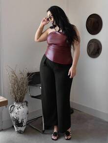 Truni Top tubo de piel sintética rojo vino elegante y cómodo para mujeres con curvas, talla grande, para ocasiones especiales, Año Nuevo, vacaciones, fiestas navideñas, estilo Y2K, chaleco casual, atuendos sexy para mujeres, blusas rojas, estilo occidental - Burdeos - Ver 6