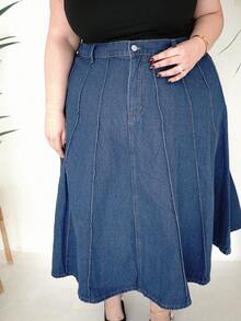 Truni Blue Plus Size Denim Skirt Mid-Length Loose Umbrella Skirt Autumn Skirt, For Pear Triangle Body Shape - Dark Wash - View 3