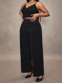 Truni Pantalones rectos casuales/de negocios de un solo color, talla grande - Negro - Ver 4