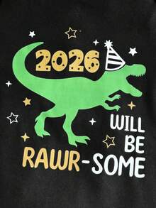 SHEIN Playful Pals Baby Boy Casual Letter & Dinosaur Print Short Sleeve Bodysuit, Suitable For Summer Outings, Home, New Year, Party - Black - View 6