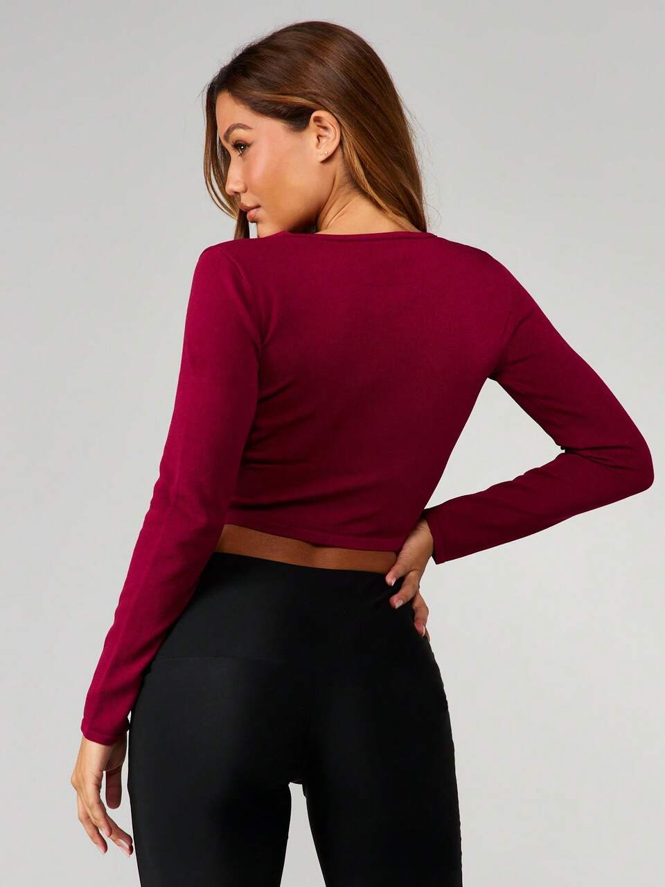 MISSGUIDED 軽量リブラップカーディガン 長袖 クロップド Vネック ウエストリボン ニットセーター 秋冬レイヤリングトップス